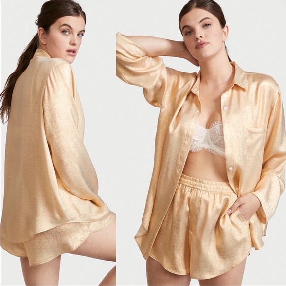Victoria's Secret Satin Long-Sleeve Short Pajama Set Gold Foil XL NEW - Picture 1 of 2
